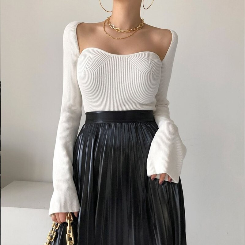 Γυναικείο γαλλικό μαύρο ακανόνιστο πουλόβερ πλεξίματος τετράγωνο λαιμό μακρυμάνικο casual κορεατική μόδα γυναικεία μπλουζάκια φθινόπωρο