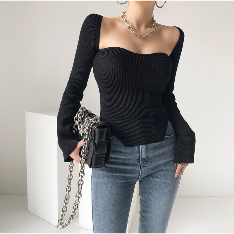 Γυναικείο γαλλικό μαύρο ακανόνιστο πουλόβερ πλεξίματος τετράγωνο λαιμό μακρυμάνικο casual κορεατική μόδα γυναικεία μπλουζάκια φθινόπωρο