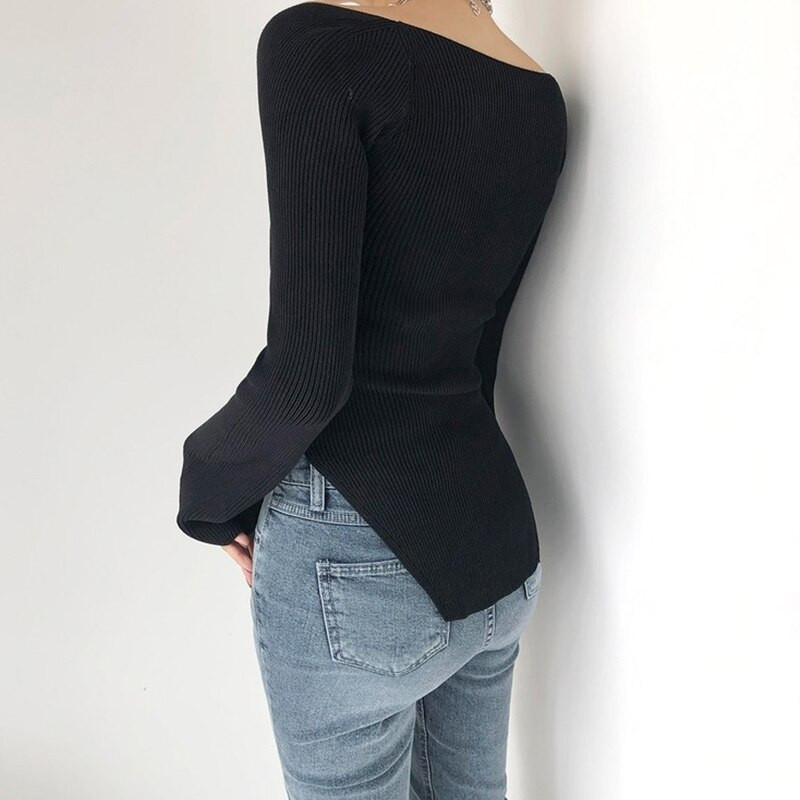 Γυναικείο γαλλικό μαύρο ακανόνιστο πουλόβερ πλεξίματος τετράγωνο λαιμό μακρυμάνικο casual κορεατική μόδα γυναικεία μπλουζάκια φθινόπωρο