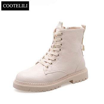 COOTELILI Fashion Flat παπούτσια με φερμουάρ Γυναικεία ψηλοτάκουνα πλατφόρμα PU Δερμάτινες μπότες με κορδόνια Γυναικεία παπούτσια Μποτάκια για κορίτσια 35-40