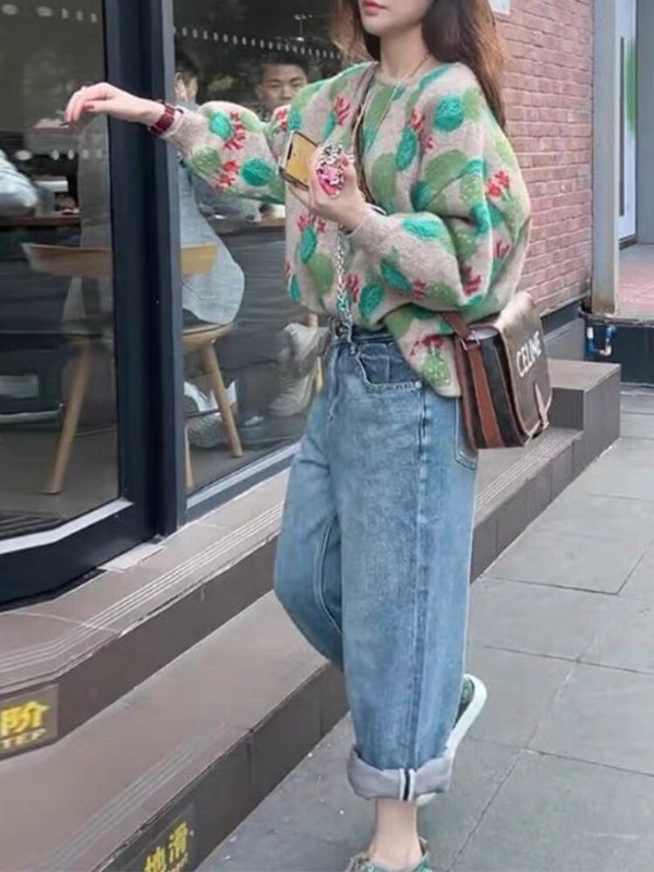 Φθινόπωρο/Χειμώνας 2022 Νέα ρετρό πλεκτά πουλόβερ με χοντρά μανίκια με φανάρι με σχέδιο κάκτου ζακάρ γυναικεία πουλόβερ με λαιμόκοψη