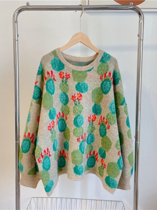Φθινόπωρο/Χειμώνας 2022 Νέα ρετρό πλεκτά πουλόβερ με χοντρά μανίκια με φανάρι με σχέδιο κάκτου ζακάρ γυναικεία πουλόβερ με λαιμόκοψη