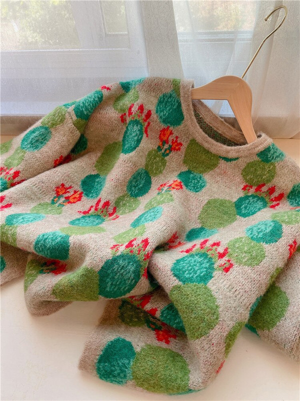 Φθινόπωρο/Χειμώνας 2022 Νέα ρετρό πλεκτά πουλόβερ με χοντρά μανίκια με φανάρι με σχέδιο κάκτου ζακάρ γυναικεία πουλόβερ με λαιμόκοψη