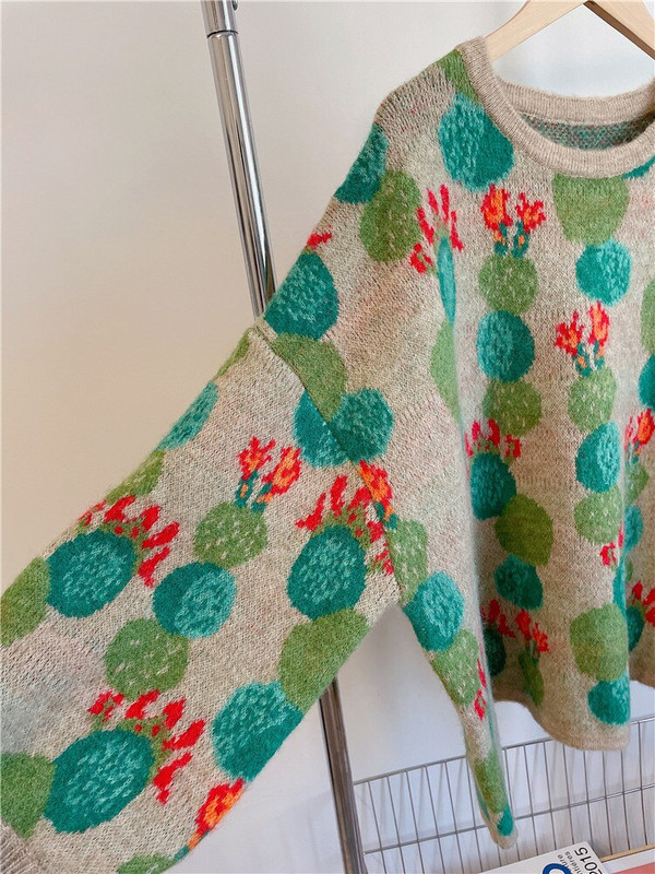 Φθινόπωρο/Χειμώνας 2022 Νέα ρετρό πλεκτά πουλόβερ με χοντρά μανίκια με φανάρι με σχέδιο κάκτου ζακάρ γυναικεία πουλόβερ με λαιμόκοψη