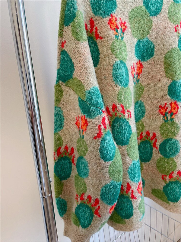 Φθινόπωρο/Χειμώνας 2022 Νέα ρετρό πλεκτά πουλόβερ με χοντρά μανίκια με φανάρι με σχέδιο κάκτου ζακάρ γυναικεία πουλόβερ με λαιμόκοψη