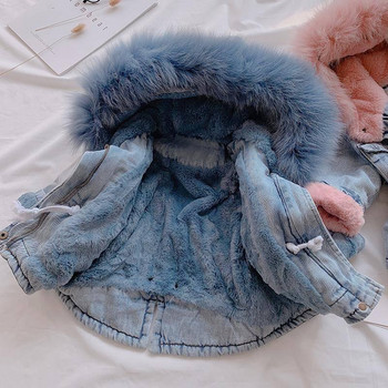 Χειμερινό μωρό κορίτσι Ζεστό χοντρό τζιν μπουφάν Γούνα με κουκούλα νήπιο κοριτσάκι Βρεφικό μωρό τζιν μπουφάν βαμβακερό Παιδικά αγόρια Πάρκα Παιδιά