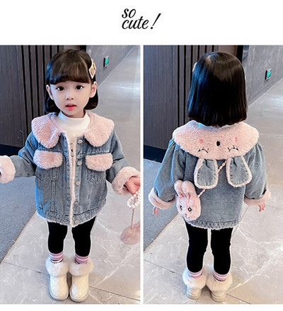 Ziemas mazulis meitene silta bieza džinsa jaka kažokādas ar kapuci Toddler Girl zīdaiņa virsdrēbes Džinsu jaka Kokvilnas bērni zēni parka bērni