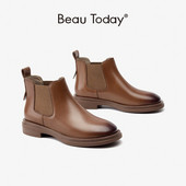 BeauToday zābaki sievietēm ādas Chelsea apaļas purngala elastīgās lentes vintage sieviešu apavi ar rokām