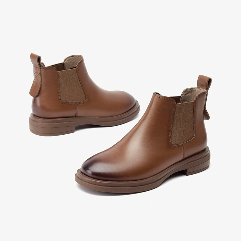 BeauToday Γυναικείες Μπότες Γνήσια Γυναικεία Μποτάκια Chelsea Στρογγυλά Λάστιχα Vintage Γυναικεία Παπούτσια 