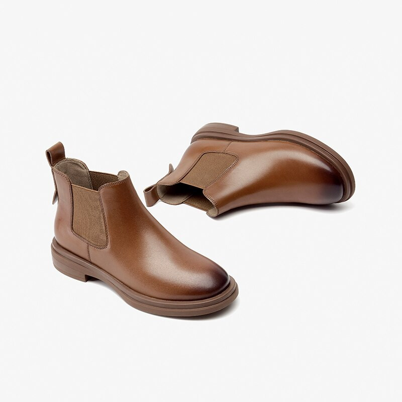 BeauToday Γυναικείες Μπότες Γνήσια Γυναικεία Μποτάκια Chelsea Στρογγυλά Λάστιχα Vintage Γυναικεία Παπούτσια 