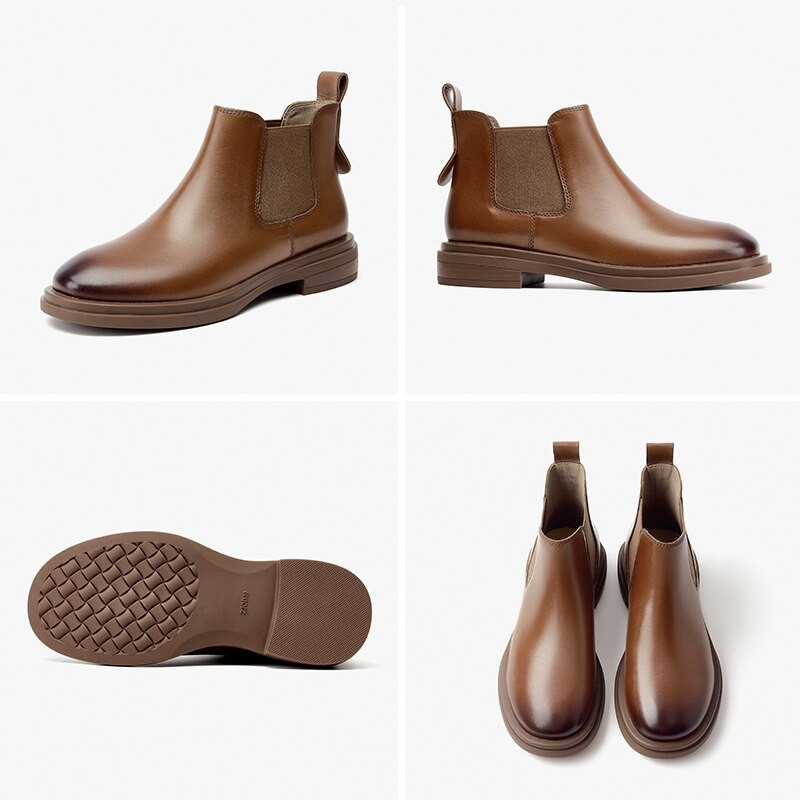 BeauToday Γυναικείες Μπότες Γνήσια Γυναικεία Μποτάκια Chelsea Στρογγυλά Λάστιχα Vintage Γυναικεία Παπούτσια 