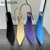 SUOJIALUN 2023 Winter New Candy Color Γυναικείες μπότες Μόδα με μυτερό φερμουάρ πίσω Γυναικείες κομψές κοντές μπότες Chelsea Bota