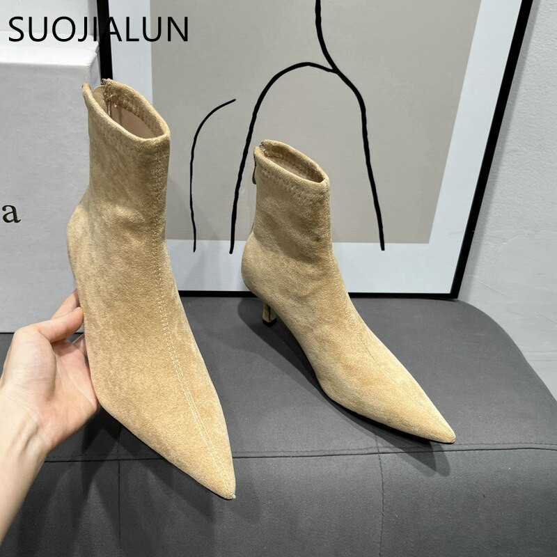 SUOJIALUN 2023 Winter New Candy Color Γυναικείες μπότες Μόδα με μυτερό φερμουάρ πίσω Γυναικείες κομψές κοντές μπότες Chelsea Bota