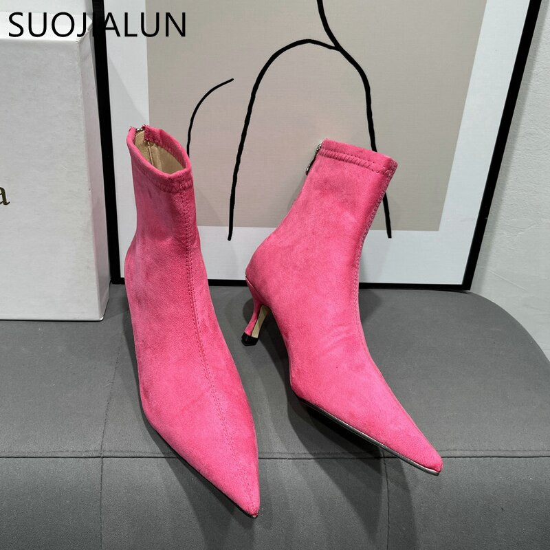 SUOJIALUN 2023 Winter New Candy Color Γυναικείες μπότες Μόδα με μυτερό φερμουάρ πίσω Γυναικείες κομψές κοντές μπότες Chelsea Bota