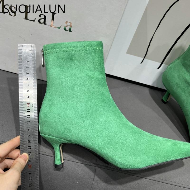 SUOJIALUN 2023 Winter New Candy Color Γυναικείες μπότες Μόδα με μυτερό φερμουάρ πίσω Γυναικείες κομψές κοντές μπότες Chelsea Bota