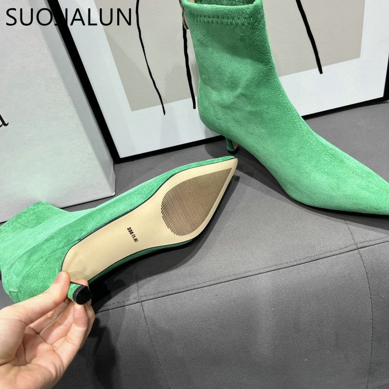 SUOJIALUN 2023 Winter New Candy Color Γυναικείες μπότες Μόδα με μυτερό φερμουάρ πίσω Γυναικείες κομψές κοντές μπότες Chelsea Bota