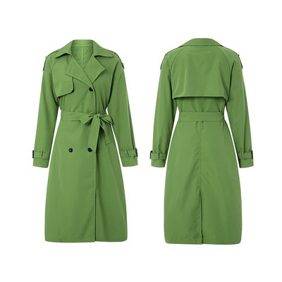 Ženski dugi trenč kaput s dvostrukim kopčanjem Klasični vjetrootporan kaput s reverom i dugim rukavima s pojasom