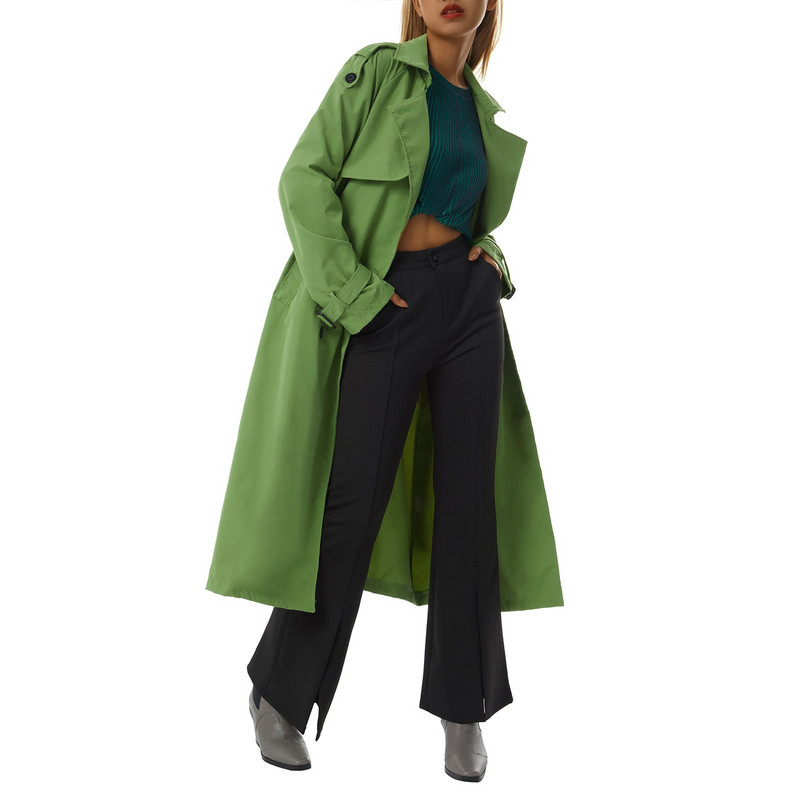 Ženski dugi trenč kaput s dvostrukim kopčanjem Klasični vjetrootporan kaput s reverom i dugim rukavima s pojasom