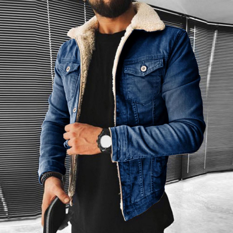 Muški kaput na rever, podebljani jednobojni rever, dugi rukavi, plišana podstava, zimska široka punk traper jakna, gornja odjeća, ulična odjeća