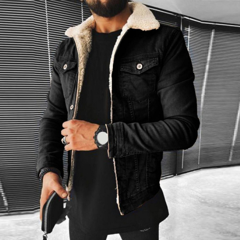 Muški kaput na rever, podebljani jednobojni rever, dugi rukavi, plišana podstava, zimska široka punk traper jakna, gornja odjeća, ulična odjeća