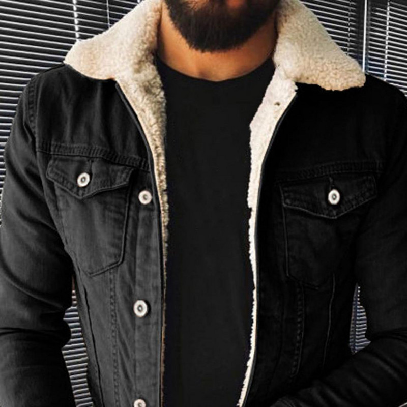 Muški kaput na rever, podebljani jednobojni rever, dugi rukavi, plišana podstava, zimska široka punk traper jakna, gornja odjeća, ulična odjeća