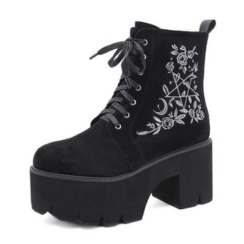 Fashion Flower Platform Boots Chunky Punk Suede Γυναικείες γοτθικές δαντέλες με φερμουάρ στην πλάτη Μαύρες γυναικείες μπότες υψηλής ποιότητας