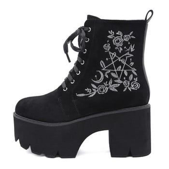 Fashion Flower Platform Boots Chunky Punk Suede Γυναικείες γοτθικές δαντέλες με φερμουάρ στην πλάτη Μαύρες γυναικείες μπότες υψηλής ποιότητας