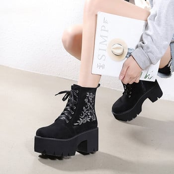 Fashion Flower Platform Boots Chunky Punk Suede Γυναικείες γοτθικές δαντέλες με φερμουάρ στην πλάτη Μαύρες γυναικείες μπότες υψηλής ποιότητας