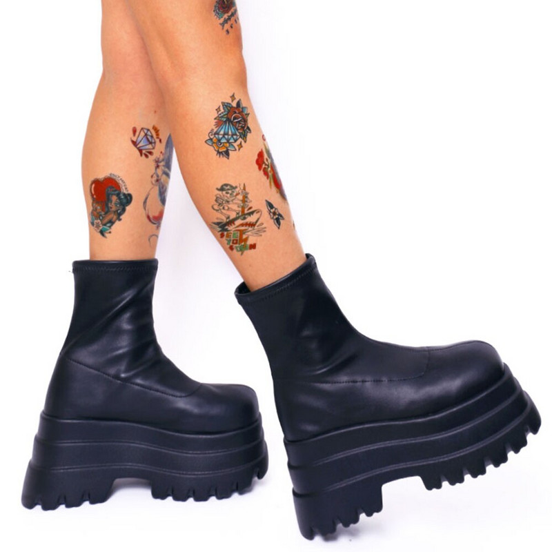 GIGIFOX Γυναικεία Πλατφόρμα Χονδρό Τακούνι Μοτοσικλέτας Μποτάκια Γυναικεία Μποτάκια Μόδα Punk Gothic Casual Φθινοπωρινά παπούτσια Κοντές μπότες