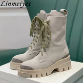 Suede δερμάτινες μπότες Γυναικείες κορδόνια με στρογγυλή σόλα Κοντές μπότες με χοντρή σόλα Γυναικεία αλυσίδα Διακόσμηση Επίπεδες μπότες μοτοσικλέτας Γυναικείες