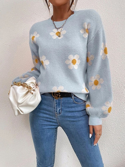Elegáns virágos kötött pulóver női pulóverek téli alkalmi felsők női bő hosszú ujjú felsőruházat női pulóver Sueter Mujer