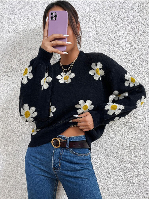 Elegáns virágos kötött pulóver női pulóverek téli alkalmi felsők női bő hosszú ujjú felsőruházat női pulóver Sueter Mujer