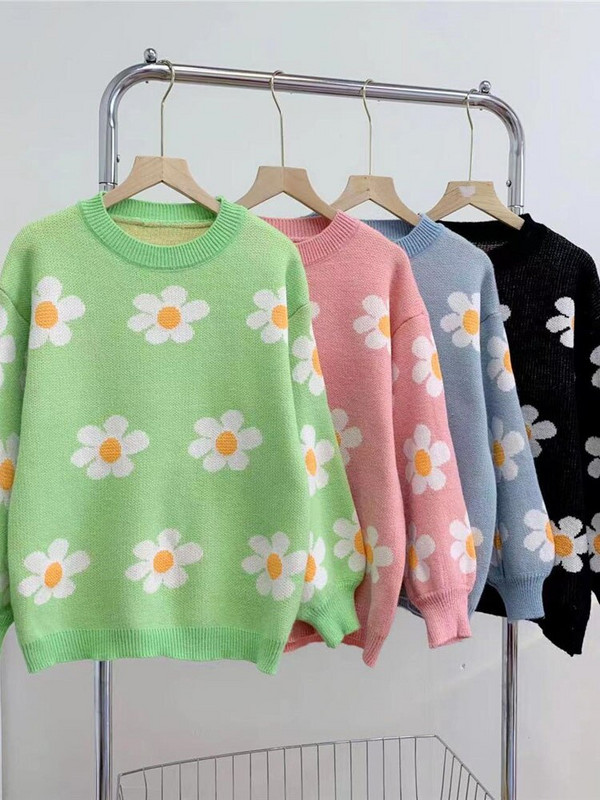 Elegáns virágos kötött pulóver női pulóverek téli alkalmi felsők női bő hosszú ujjú felsőruházat női pulóver Sueter Mujer