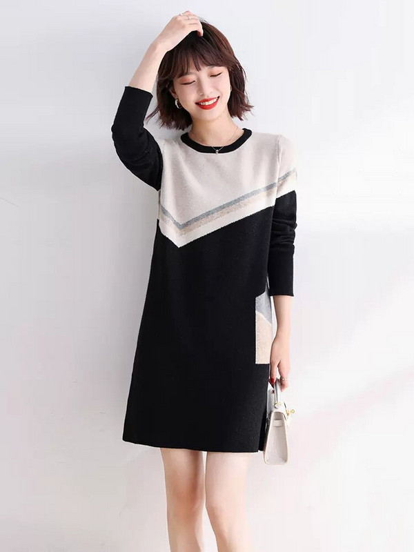 Jauna sieviešu džemperkleita rudens ziemas ikdienišķa modes stila adīšanas kleita ar garām piedurknēm, brīva pulovera trikotāža, melna sieviešu