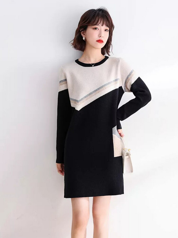 Jauna sieviešu džemperkleita rudens ziemas ikdienišķa modes stila adīšanas kleita ar garām piedurknēm, brīva pulovera trikotāža, melna sieviešu