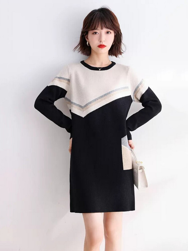 Jauna sieviešu džemperkleita rudens ziemas ikdienišķa modes stila adīšanas kleita ar garām piedurknēm, brīva pulovera trikotāža, melna sieviešu