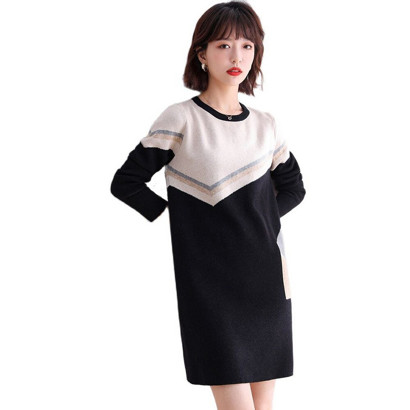 Jauna sieviešu džemperkleita rudens ziemas ikdienišķa modes stila adīšanas kleita ar garām piedurknēm, brīva pulovera trikotāža, melna sieviešu