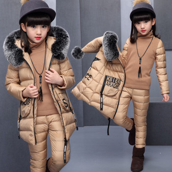 Κορίτσια Χειμερινό Σετ 3 τεμαχίων Μπουφάν Παιδικά Ρούχα για Ρωσία Γιλέκο Ζεστό τοπ βαμβακερό παντελόνι Παιδικά παλτό με γούνινο κοστούμι εξωτερικά ενδύματα