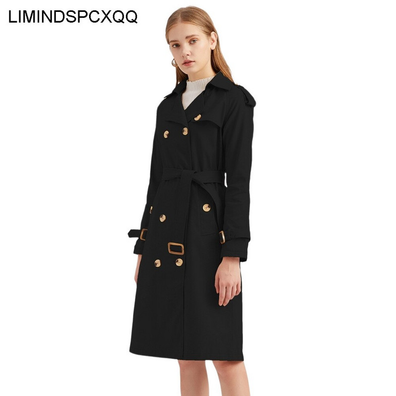 Crni trenčkot za žene 2022. Epolete Korejska odjeća Duga vjetrovka Proljeće Jesen Ženski remen na rever Tanak dugih rukava
