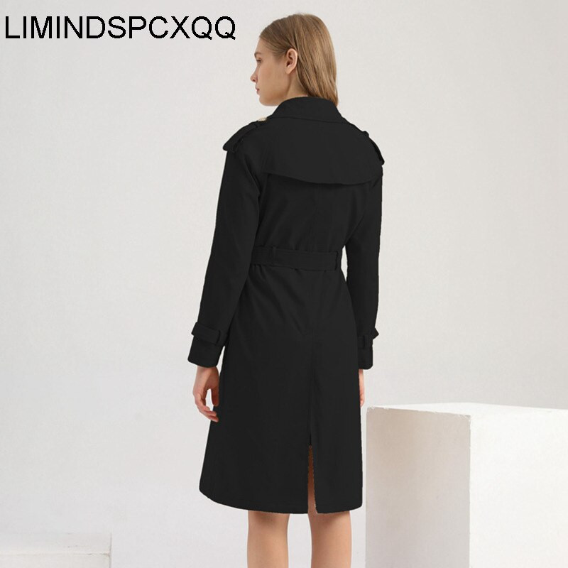 Crni trenčkot za žene 2022. Epolete Korejska odjeća Duga vjetrovka Proljeće Jesen Ženski remen na rever Tanak dugih rukava