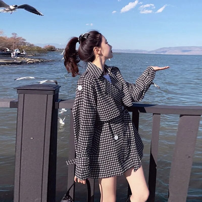 Κλασικό Houndstooth μακρυμάνικο γυναικείο παλτό ρετρό με διπλό στήθος Chaqueta Mujer Νέο φθινοπωρινό μακρυμάνικο παλτό γραφείου