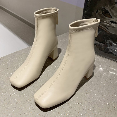 Jauni ziemas sieviešu zābaki, kvadrātveida purngals, masīvs pu ādas modes potītes apavi Sieviešu bloka papēži āra ballītei sieviešu augstie zābaki