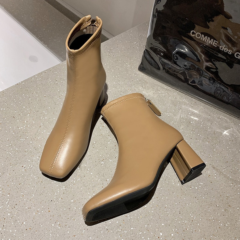 Jauni ziemas sieviešu zābaki, kvadrātveida purngals, masīvs pu ādas modes potītes apavi Sieviešu bloka papēži āra ballītei sieviešu augstie zābaki