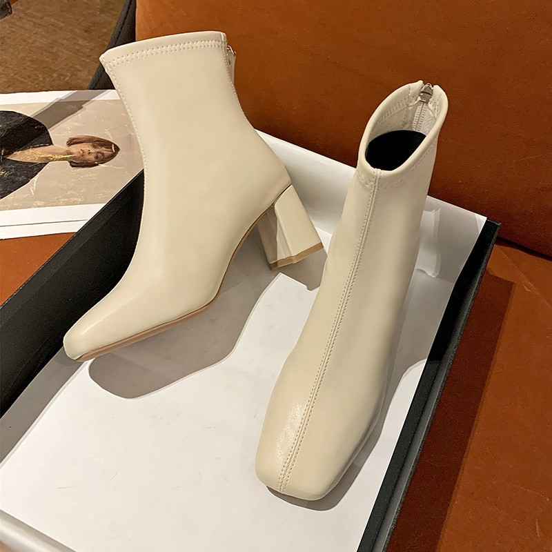 Jauni ziemas sieviešu zābaki, kvadrātveida purngals, masīvs pu ādas modes potītes apavi Sieviešu bloka papēži āra ballītei sieviešu augstie zābaki