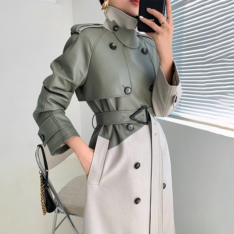 Γυναικείο αντιανεμικό πράσινη δερμάτινη ραφή Φθινοπωρινό πέτο γυναικείο μανδύα υψηλής ποιότητας επένδυση Αντιανεμικό μακρύ πολυτελές τάφρο