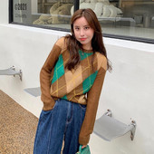 Jesen Zima Novi ženski pleteni pulover s O-izrezom i dugim rukavima Kašmir vuneni pulover s kariranim uzorkom Ležeran uski pulover