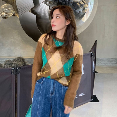 Jesen Zima Novi ženski pleteni pulover s O-izrezom i dugim rukavima Kašmir vuneni pulover s kariranim uzorkom Ležeran uski pulover