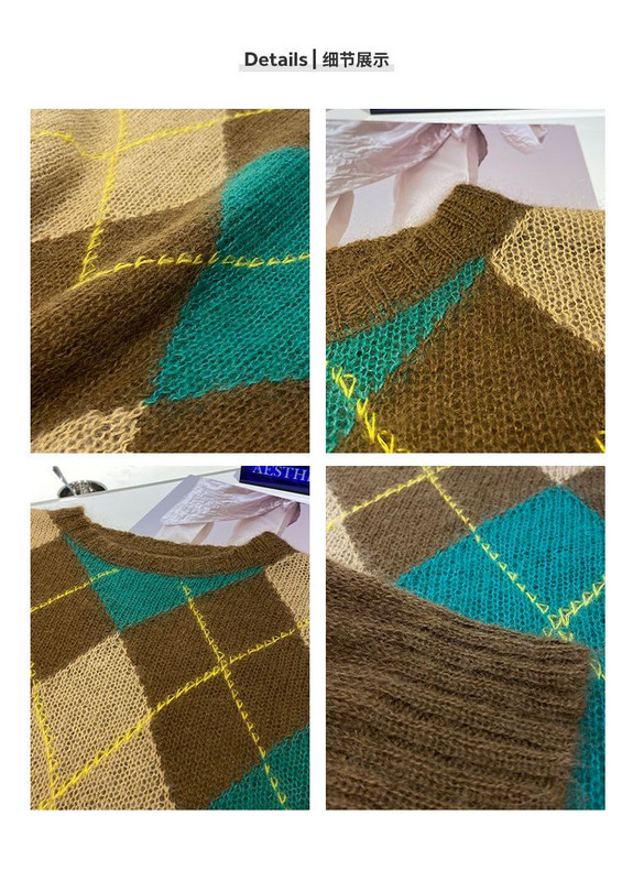 Jesen Zima Novi ženski pleteni pulover s O-izrezom i dugim rukavima Kašmir vuneni pulover s kariranim uzorkom Ležeran uski pulover