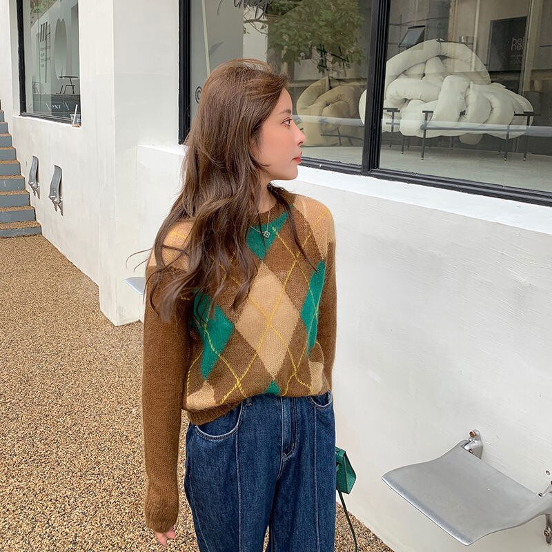 Jesen Zima Novi ženski pleteni pulover s O-izrezom i dugim rukavima Kašmir vuneni pulover s kariranim uzorkom Ležeran uski pulover