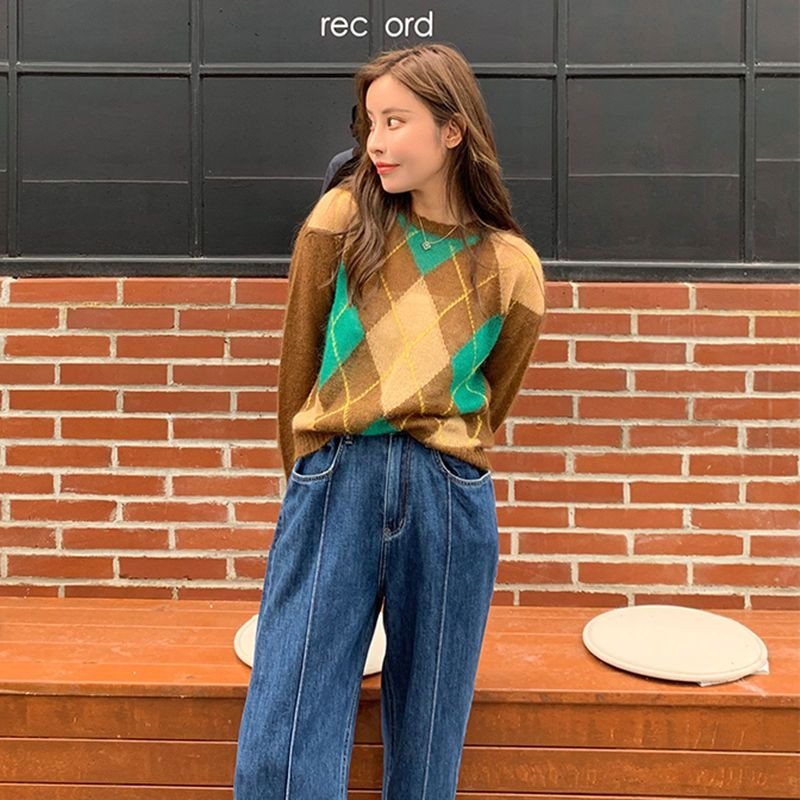 Jesen Zima Novi ženski pleteni pulover s O-izrezom i dugim rukavima Kašmir vuneni pulover s kariranim uzorkom Ležeran uski pulover